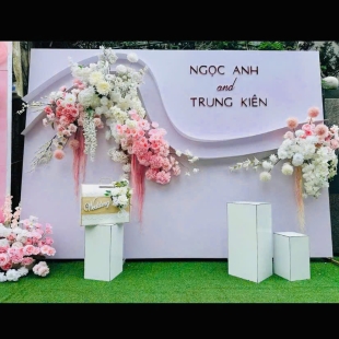 Backdrop chụp hình cưới đơn giản hồng trắng nhẹ nhàng